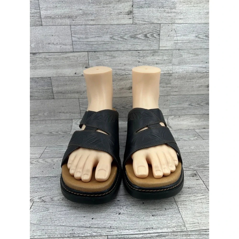 Clarks Black Leather Embossed Floral Wedge‎ Slide Sandals Women 10M